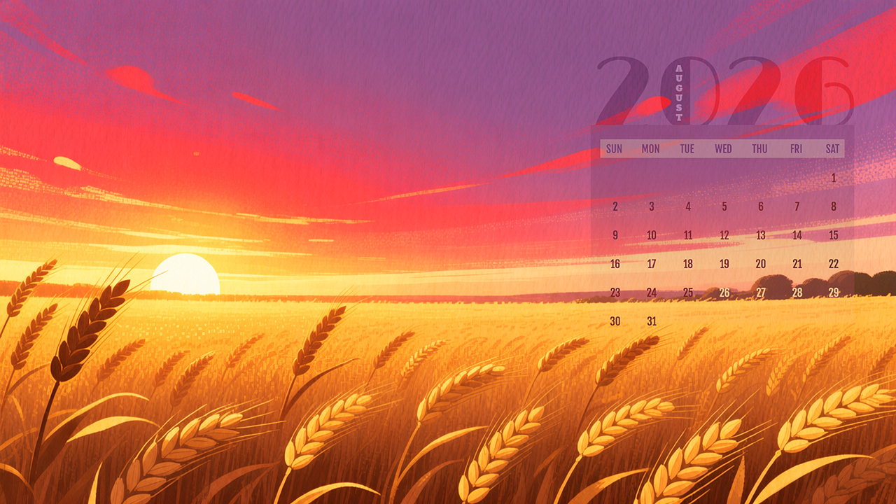 August 2026 Calendar | Field Sunset Wallpaper