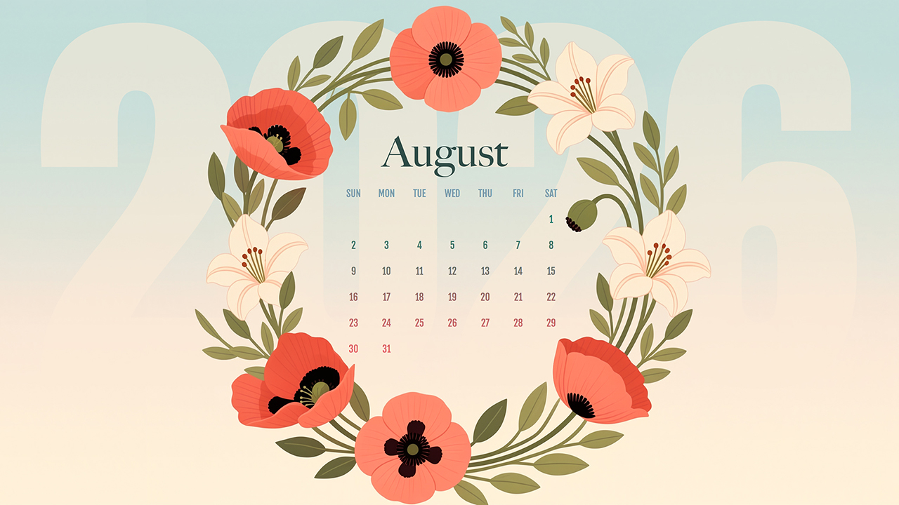 August 2026 Calendar | Floral Wreath Wallpaper