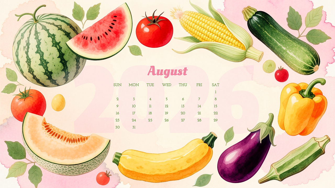 August 2026 Calendar | Fruits & Vegetables Wallpaper