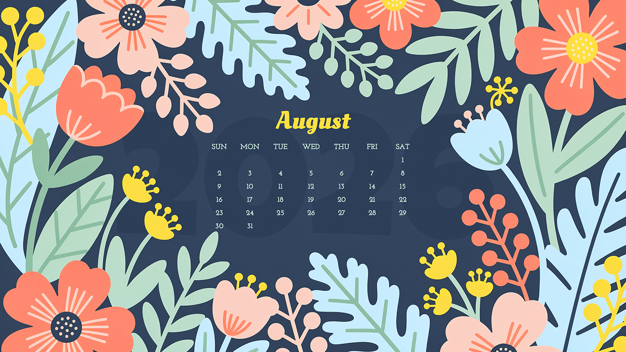 August 2026 Calendar | Minimalistic Flowers Wallpaper