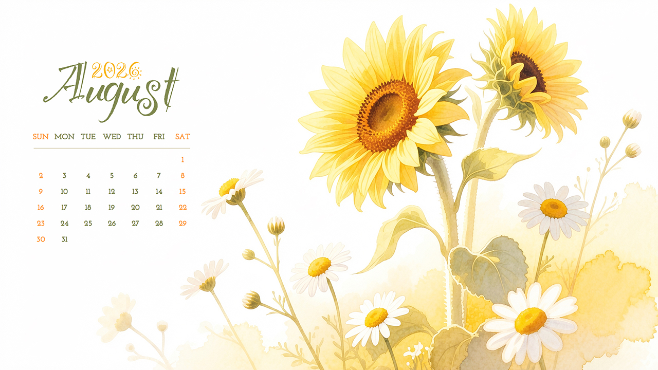 August 2026 Calendar | Sunflower Wallpaper