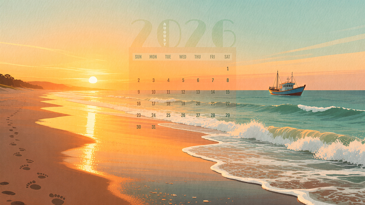 August 2026 Calendar | Sunset at Sea Wallpaper