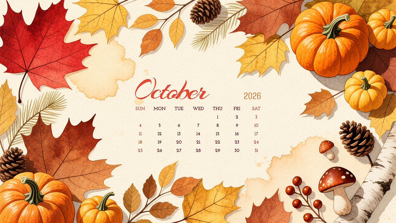 Fall October 2026 Watercolor Calendar Wallpaper