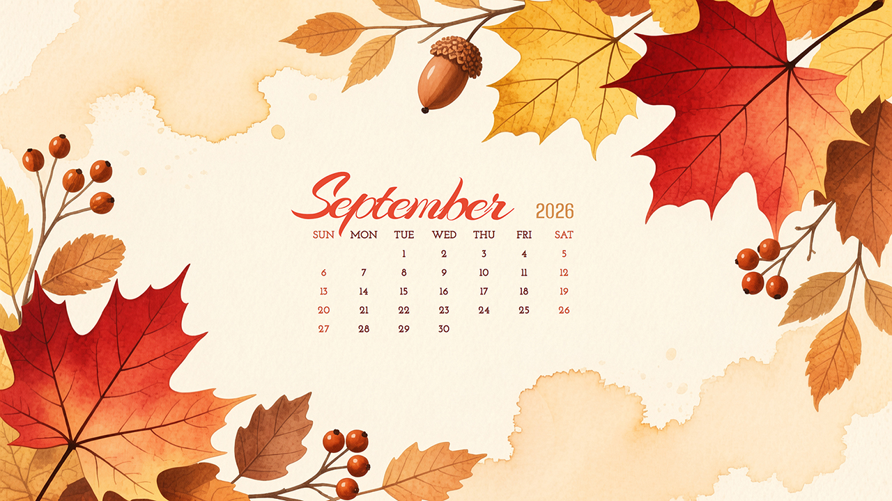 Fall September 2026 Watercolor Calendar Wallpaper