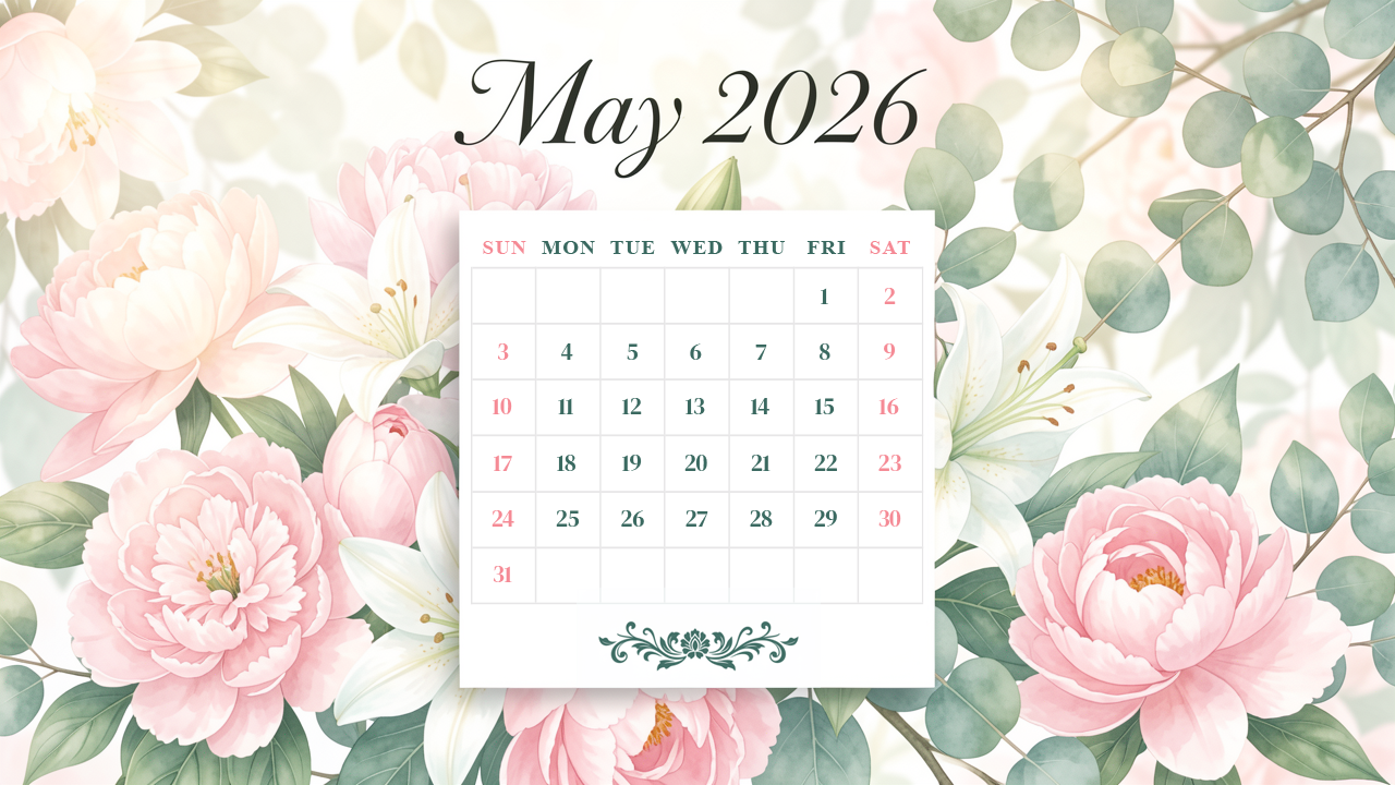May 2026 Calendar Peony Wallpaper