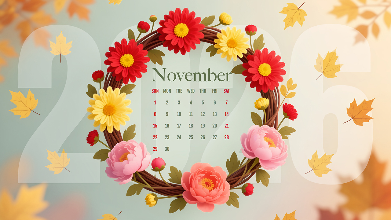 November Floral Wreath Calendar Wallpaper 2026