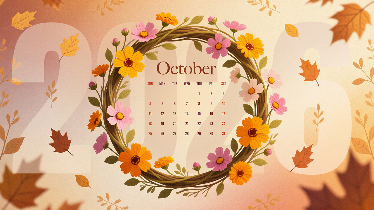 October 2026 Calendar Floral Wreath Wallpaper