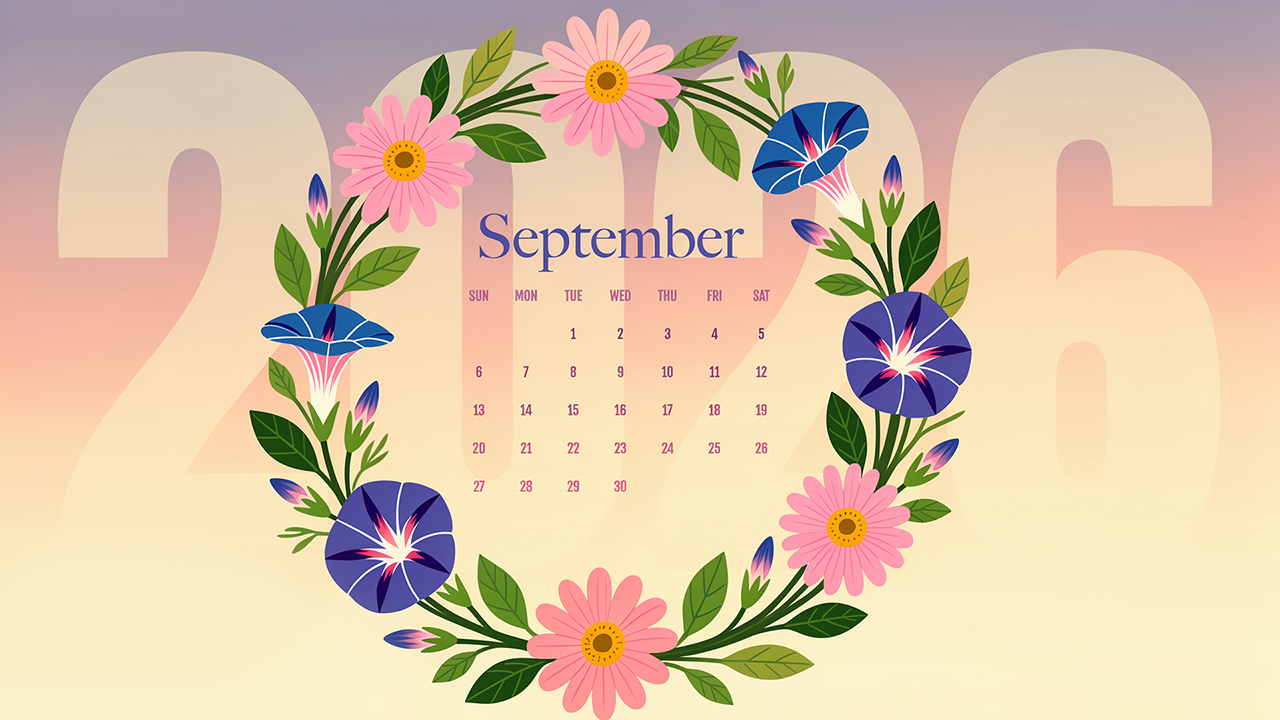 September 2026 Calendar | Floral Wreath Wallpaper